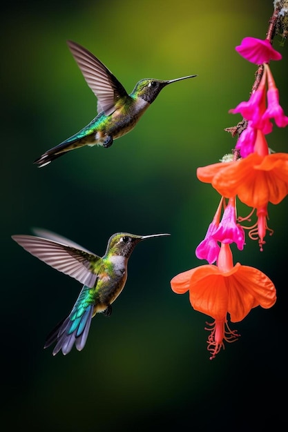 Photo wo hummingbirds with pink flower