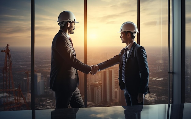 wo Joyful Businessmen Handshaking in Helmets in a Photo