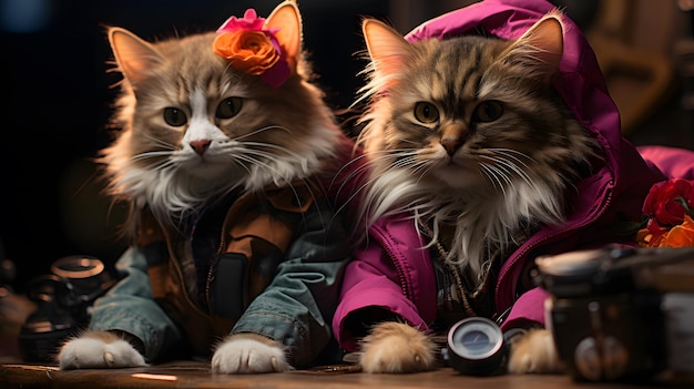 wo katten in roze jassen met een camera op een houten tafel
