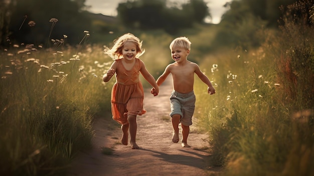 夏の花畑で走る子供たち 幸せな子供時代のコンセプトが生まれました