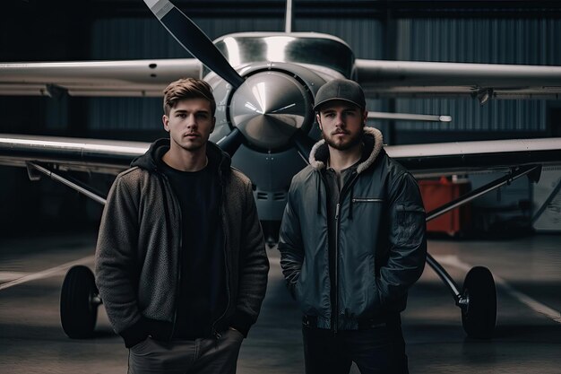 Foto due giovani meccanici in piedi davanti a un aereo privato parcheggiato all'interno dell'hangar di un piccolo aeroporto di aviazione generale