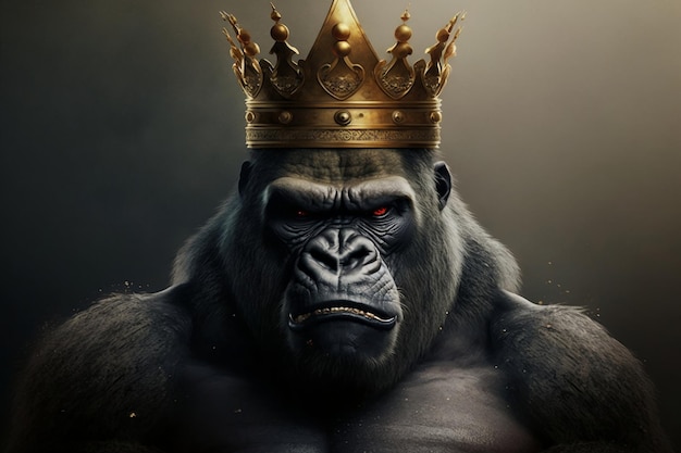 Woedende gorillakoning die een kroon AI draagt