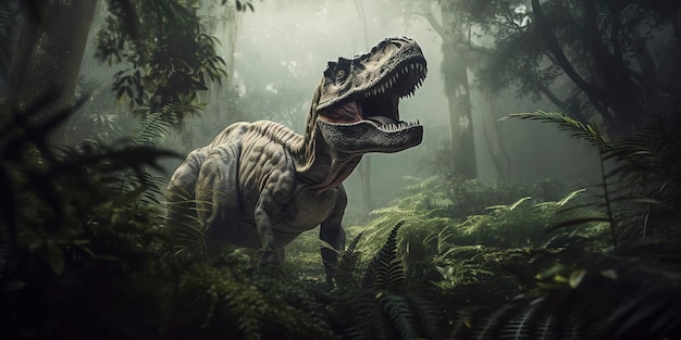 Woedende TRex Prachtige fotografie van een grote TRex in de jungle Generatieve AI