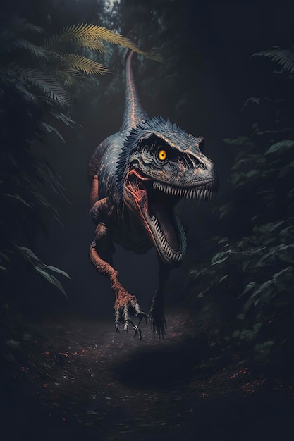 Woedende velociraptor die in actie komt in de jungle close-up generatieve AI