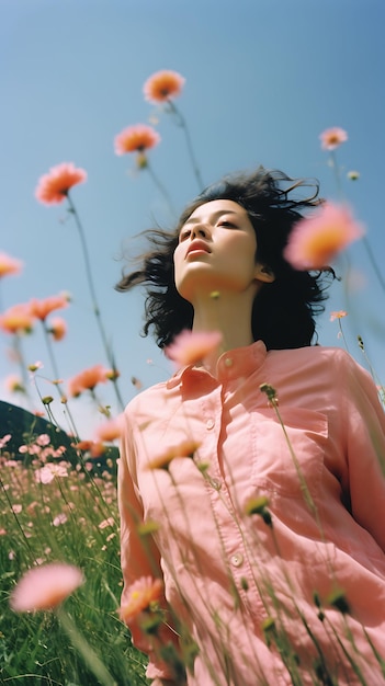 woeste fujifilmfoto van een meisje in het veld met natuurbloemen