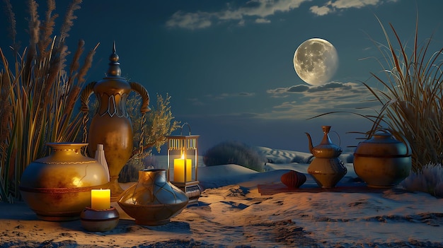 Woestijn illustratie achtergrond met islamitische ornamenten