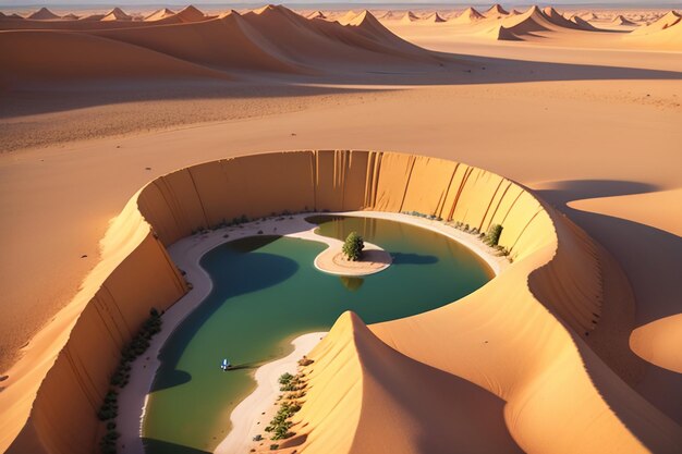 Woestijn oase meer waterbron verrassing zoet water in het zand behang achtergrond illustratie