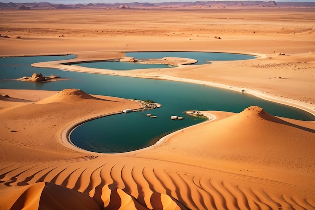 Foto woestijn oase meer waterbron verrassing zoet water in het zand behang achtergrond illustratie