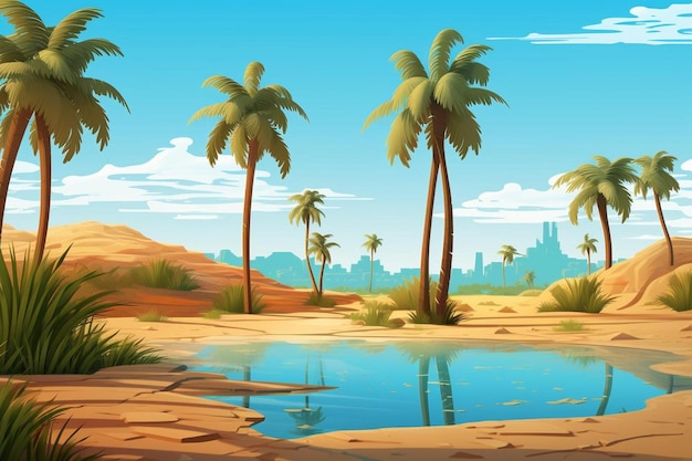 Woestijn oase met palmbomen natuur achtergrondbeeld