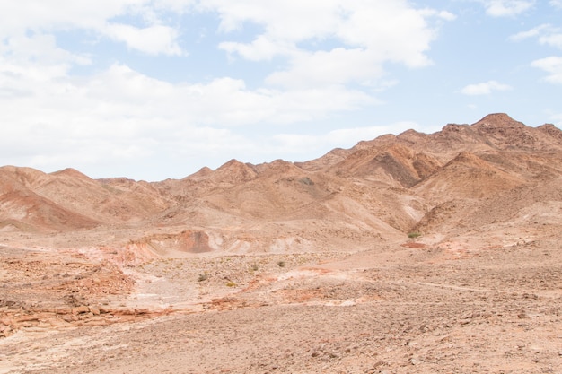 Woestijn, rode bergen, rotsen en bewolkte hemel. Egypte, kleurencanion.