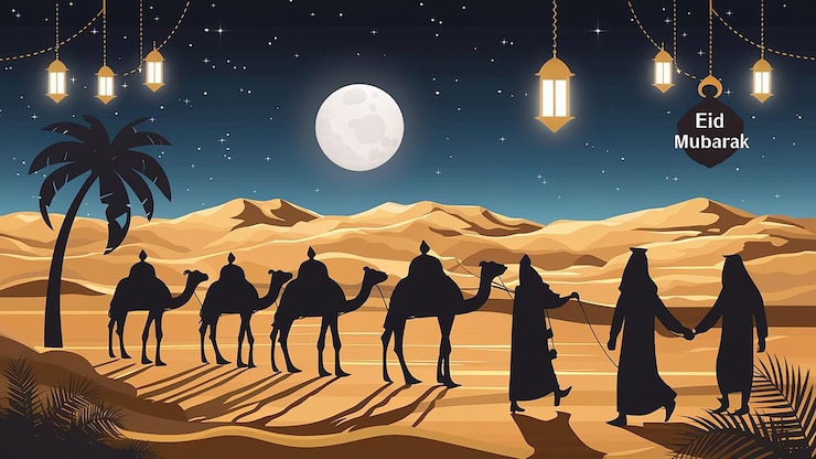 Foto woestijn uitzicht silhouet van een arabische persoon die een kameel silhouett van een dadelpalm met eid