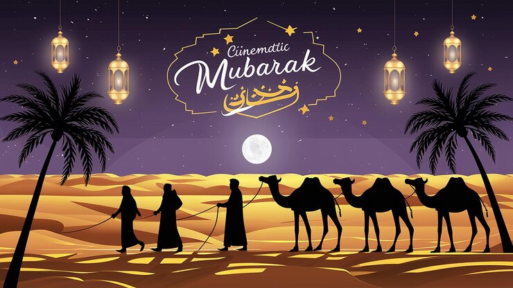 Foto woestijn uitzicht silhouet van een arabische persoon die een kameel silhouett van een dadelpalm met eid