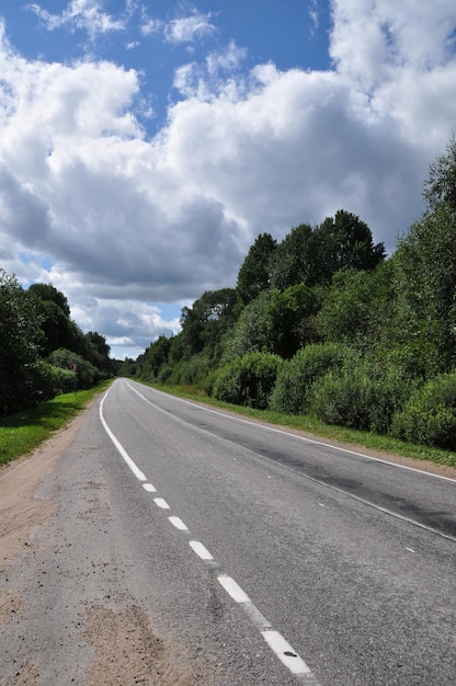 Woestijn weg landschap. Mooie wolken. Bomen langs de kant van de weg.