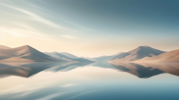 Woestijnberg en oasemeer met ochtendzonsopganglicht en mistige omgeving panoramisch berglandschap en heldere hemelachtergrond Pittoreske generatieve AI