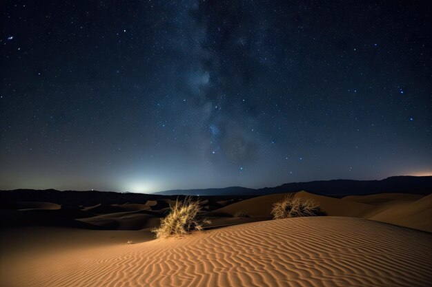 Woestijnduinen met uitzicht op sterrenhemel en verre vallende sterren gemaakt met generatieve AI