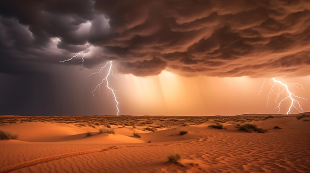 woestijnduinen rollen voorbij onweer met bliksem