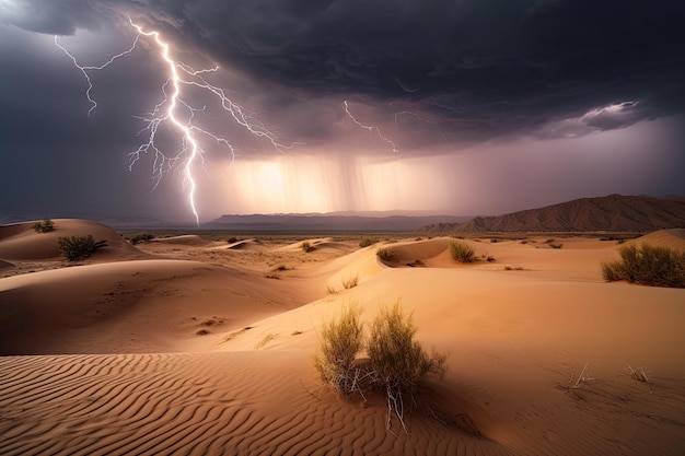 Foto woestijnduinen rollen voorbij onweer met bliksemschichten die de grond raken