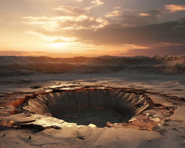 woestijnkrater zonsondergang achtergrond sinkhole apocalyptische sferische explosie cad fakkels jaar