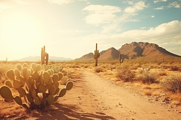 Foto woestijnlandschap achtergrond met cactus en zon