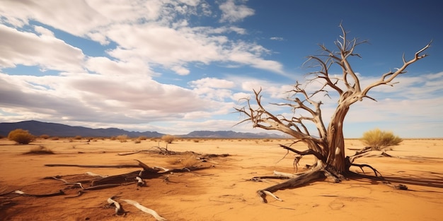 Woestijnlandschap en dode boom met lucht Droogte