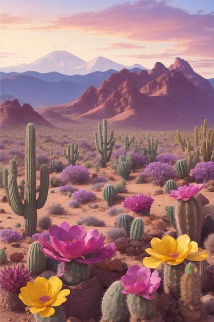 Woestijnlandschap met bloeiende cactussen op de voorgrond