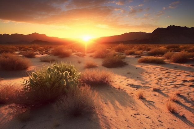 Foto woestijnlandschap met cactussen bij zonsondergang