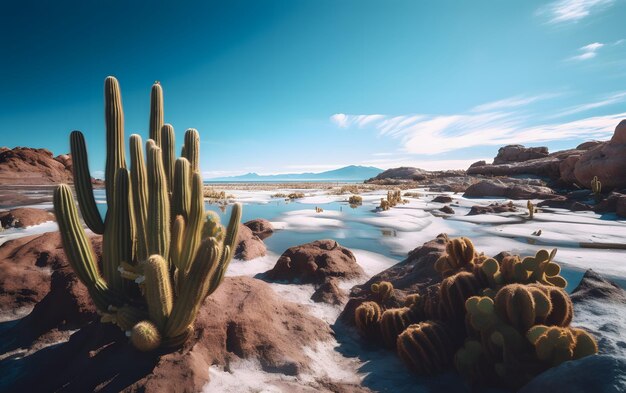 Foto woestijnlandschap met cactussen en bergen op de achtergrond