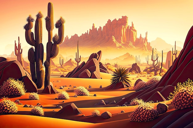 Woestijnlandschap met cactussen en zandduinen in generatieve ai van de avondzon