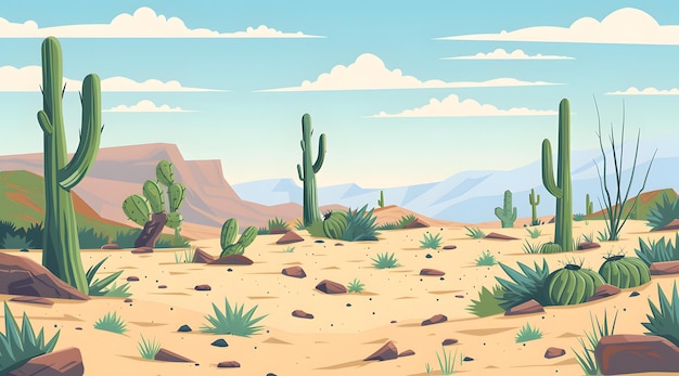 Woestijnlandschap met cactussen en zonsondergang Vectorillustratie