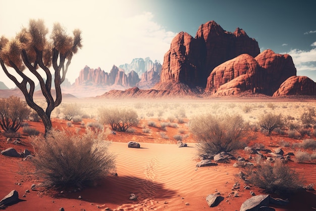 Woestijnlandschap met prachtige rode rotsformaties en bergen op de achtergrond gemaakt met generat
