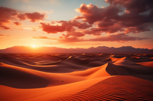 Woestijnlandschap met zandduinen die gloeien in het gouden uur van de avond Generatieve AI