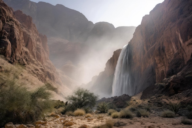 Woestijnluchtspiegeling van torenhoge waterval met zichtbare mist en nevel