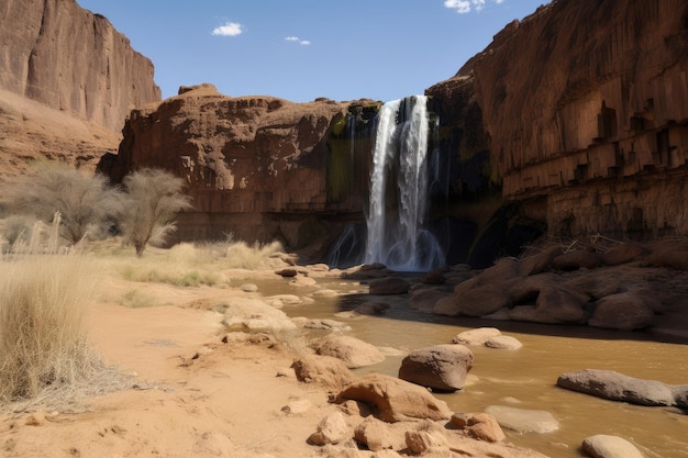 Woestijnluchtspiegeling van torenhoge waterval omringd door dorre woestijnlandschap