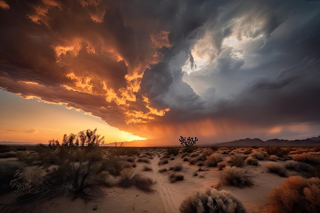 Woestijnstorm rolt binnen met dramatische zonsondergang en wolken op de achtergrond