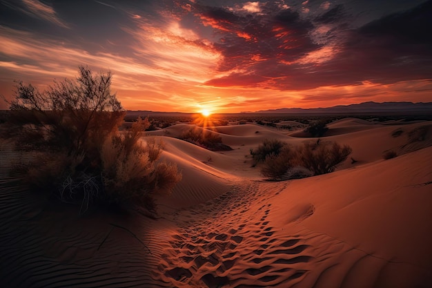 Foto woestijnzandduinen tegen een vurige avondrood