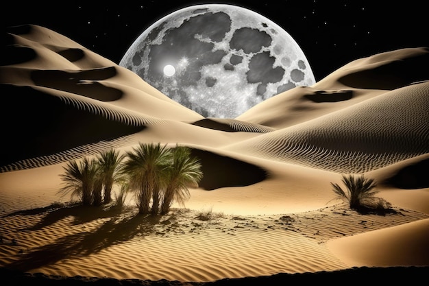 Woestijnzandduinen verlicht door de maan 's nachts