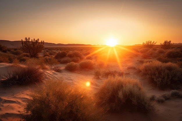 Woestijnzonsopgang met de zon die over de horizon gluurt en een warm licht op het landschap werpt