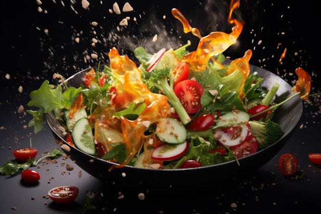 Wok exploding with tasty and fresh ingredients