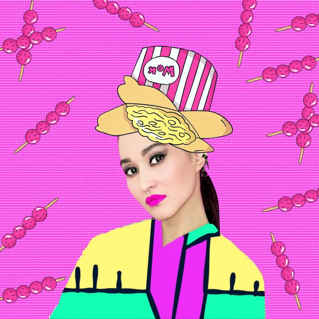 Wok fashion girl contemporary art collage. funny fast food project