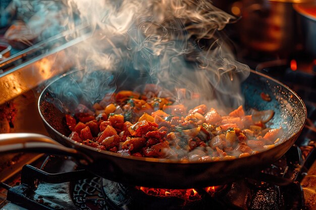 A wok filled with food cooking on top of a stove