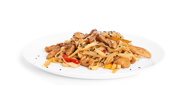 Wok noodles with chicken isolated on white. Pasta with chicken fillet.