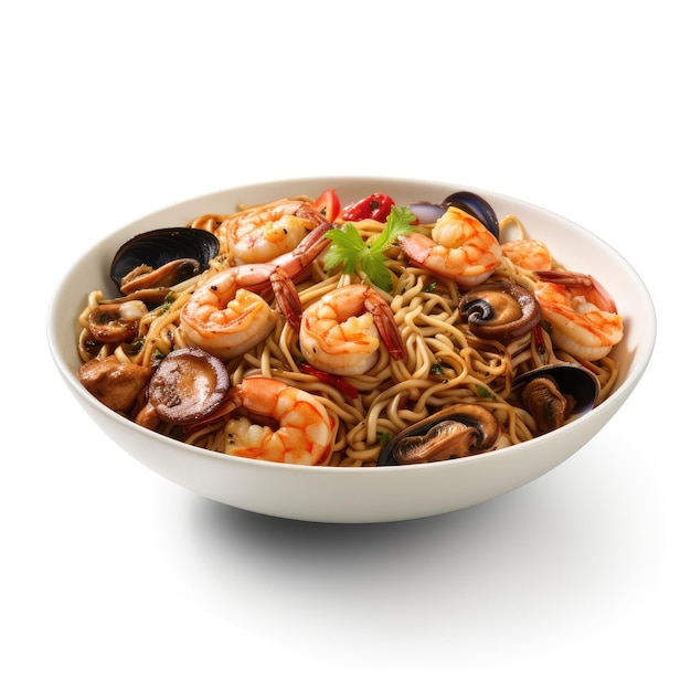 Wok noodles with seafood isolated on white background