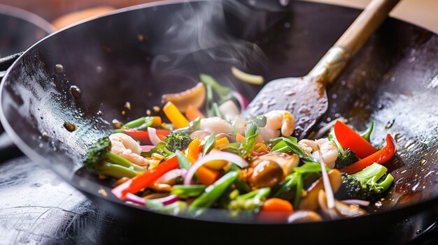 Foto wok stir fry met selectieve focus generatieve ai