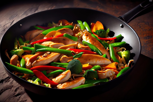 Photo wok stir fry vegetables with chicken fillet