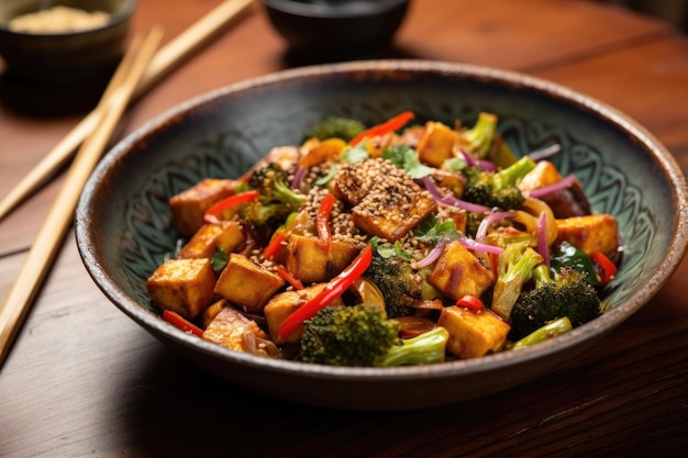 カリカリ豆腐と鮮やかな野菜を強火で炒めた中華鍋