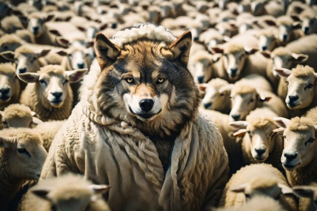 Photo a wolf among sheep in sheep's clothing