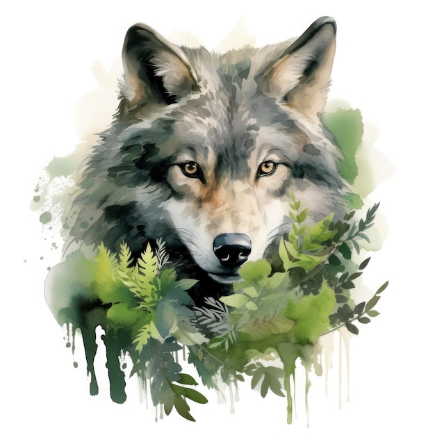 Wolf animal in greenery for kids emotional watercolors