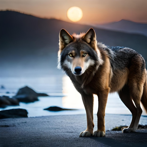 夕日を背景にビーチにいるオオカミ