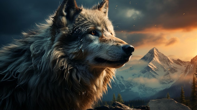 A wolf and a beautiful landscape in moonlit night