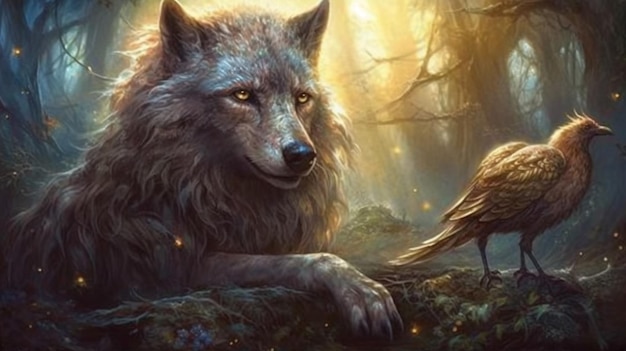 A wolf and a bird in the forest